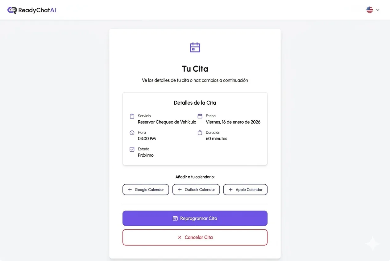 Pantalla de confirmación de reserva