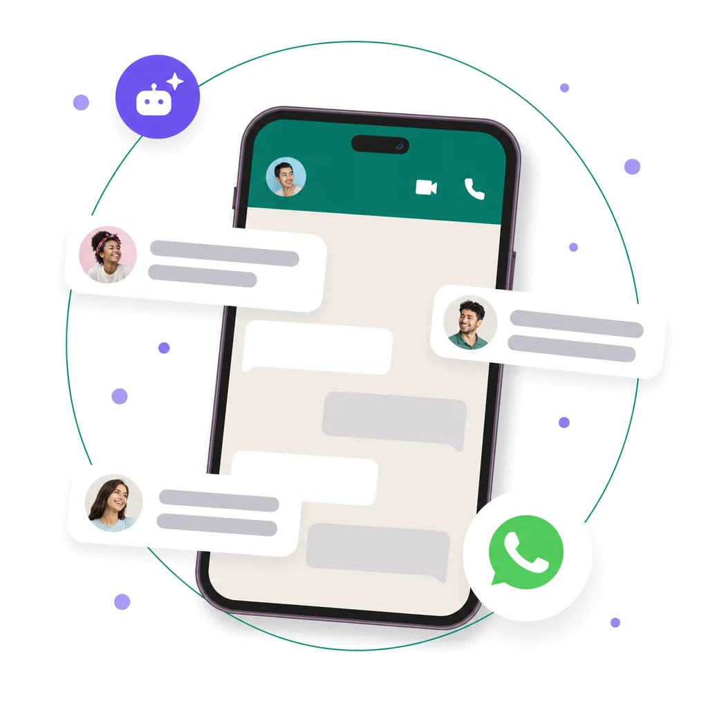 Illustration: a phone with WhatsApp open, surrounded by messages from several customers all getting an instant reply.