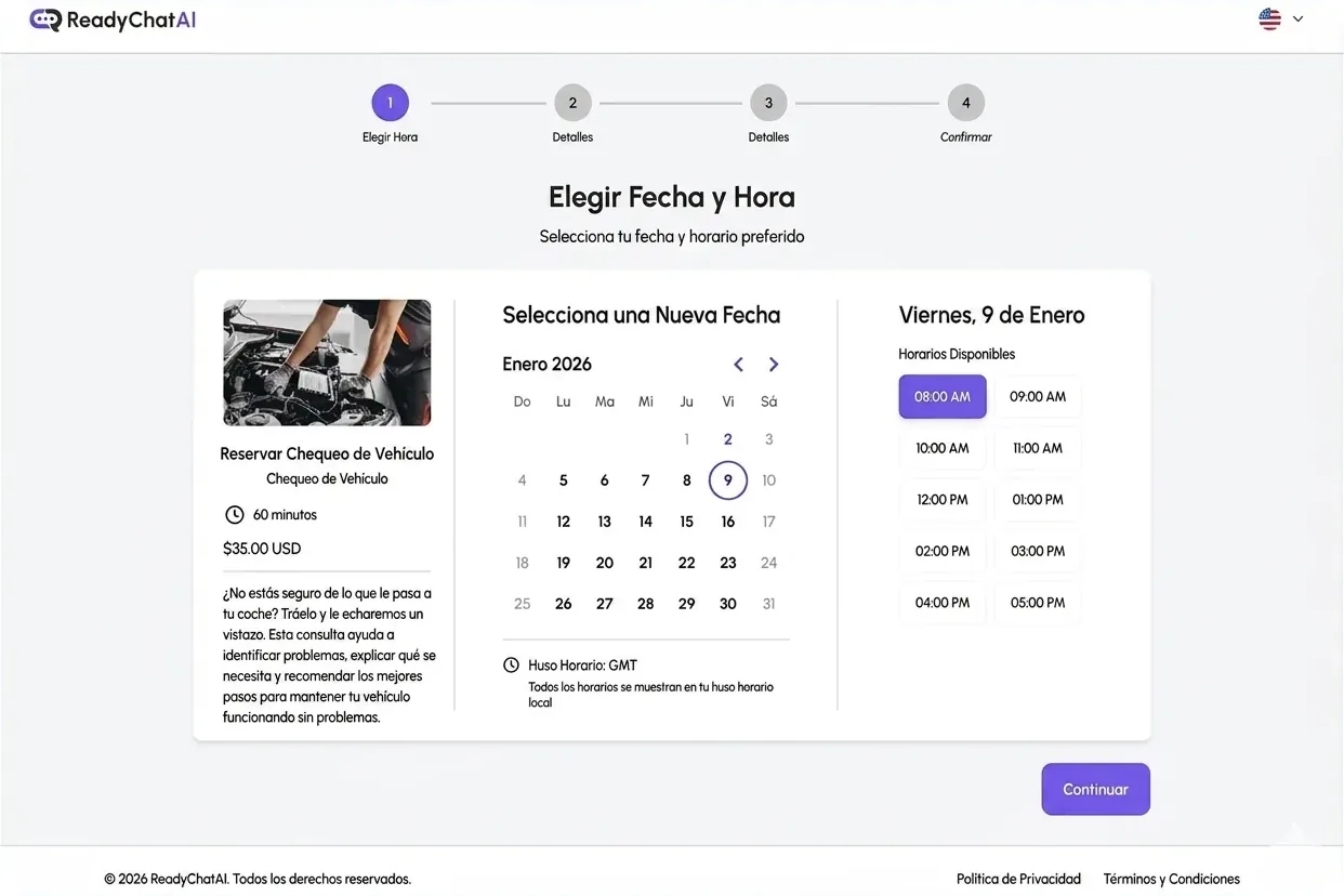 Interfaz de ReadyChatAI mostrando el bot negociando un horario con un cliente automáticamente