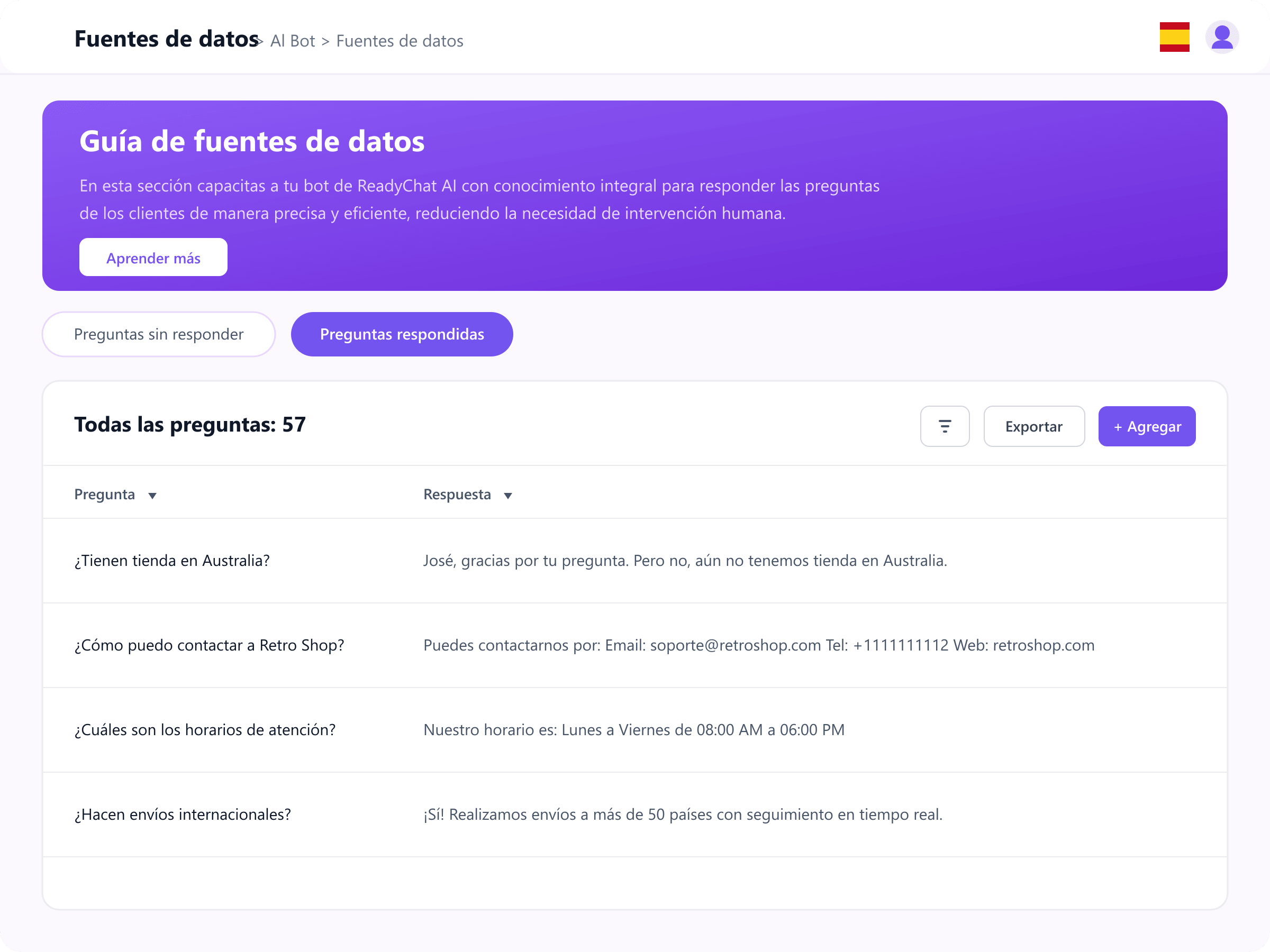 ReadyChatAI Data Source Guide interface