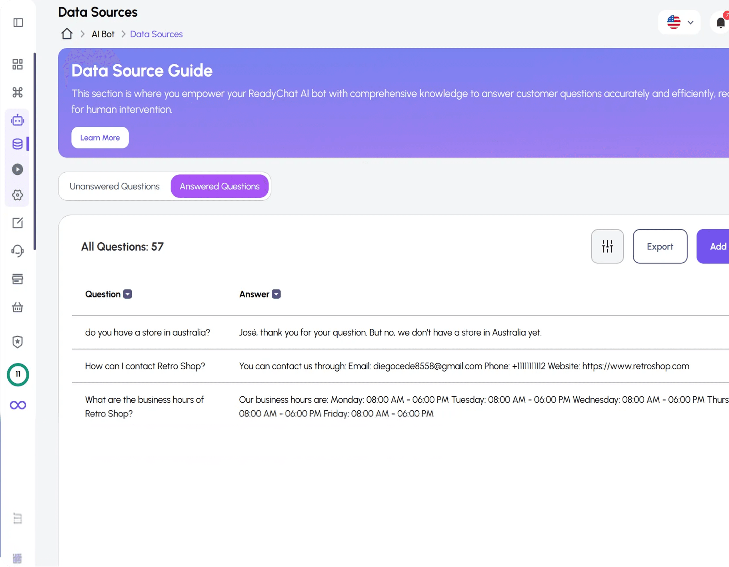 ReadyChatAI Data Source Guide interface
