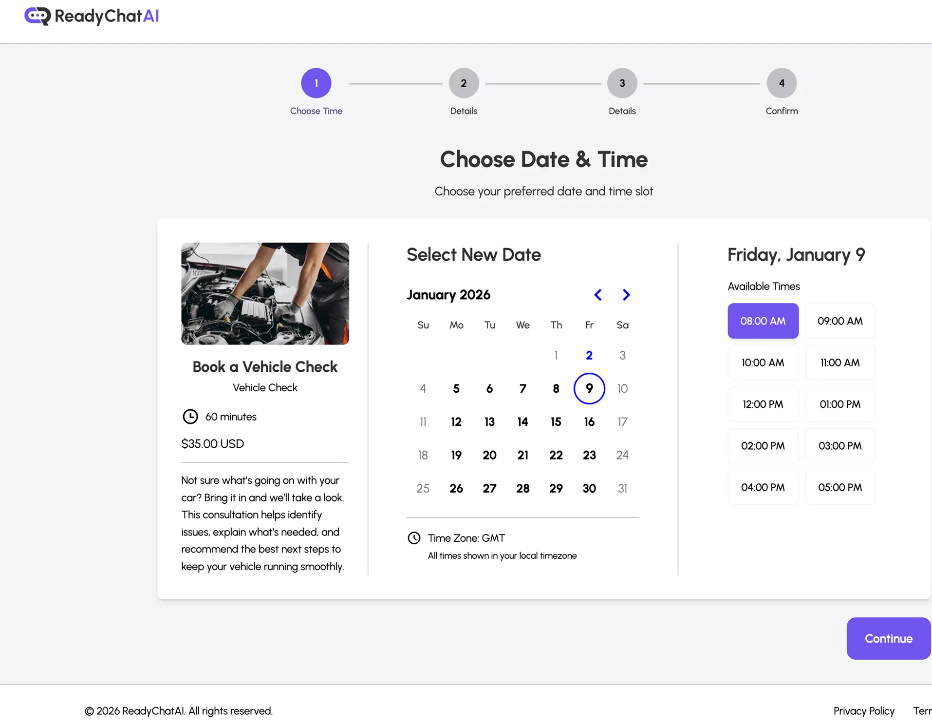 ReadyChatAI interface showing the bot negotiating a time with a customer automatically