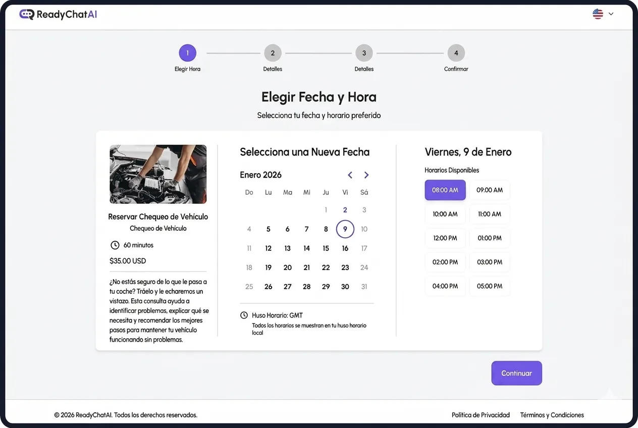 Página de reserva con las fechas y horarios disponibles
