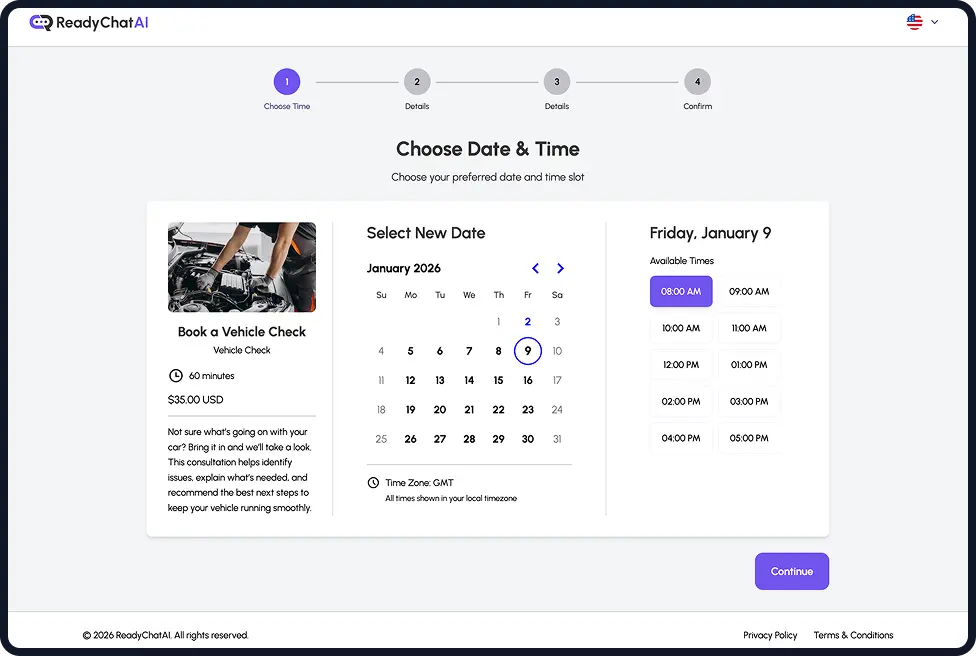 Booking page showing available dates and times