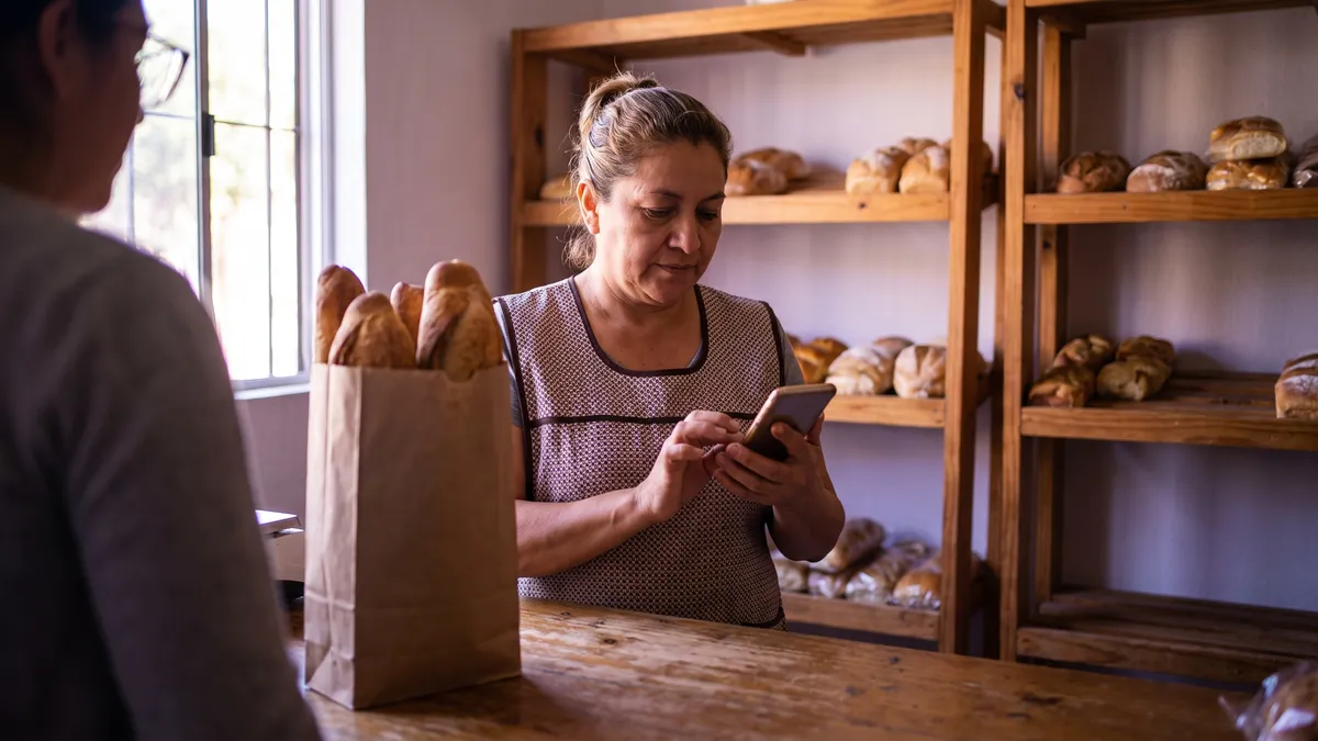 The owner of a bakery replies by hand to a customer on her phone while working the counter