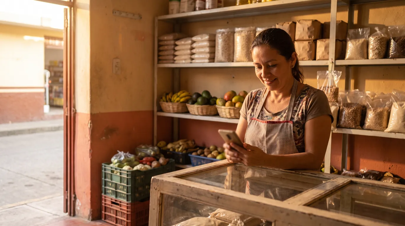The owner of a small neighborhood store checks her customers' WhatsApp messages on her phone behind the counter.