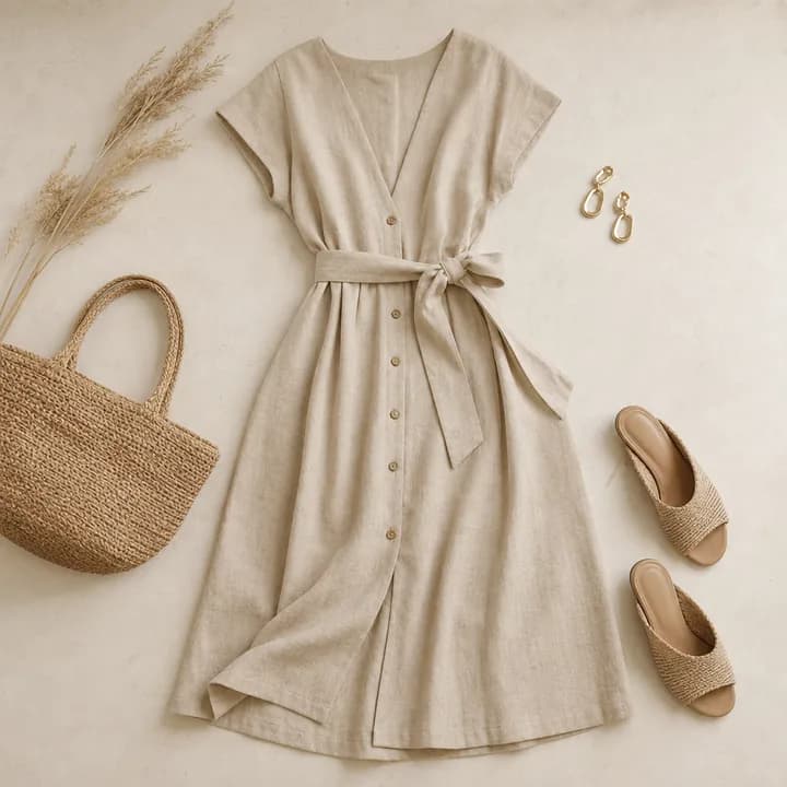 Aura midi dress in linen, laid flat with a straw bag and sandals