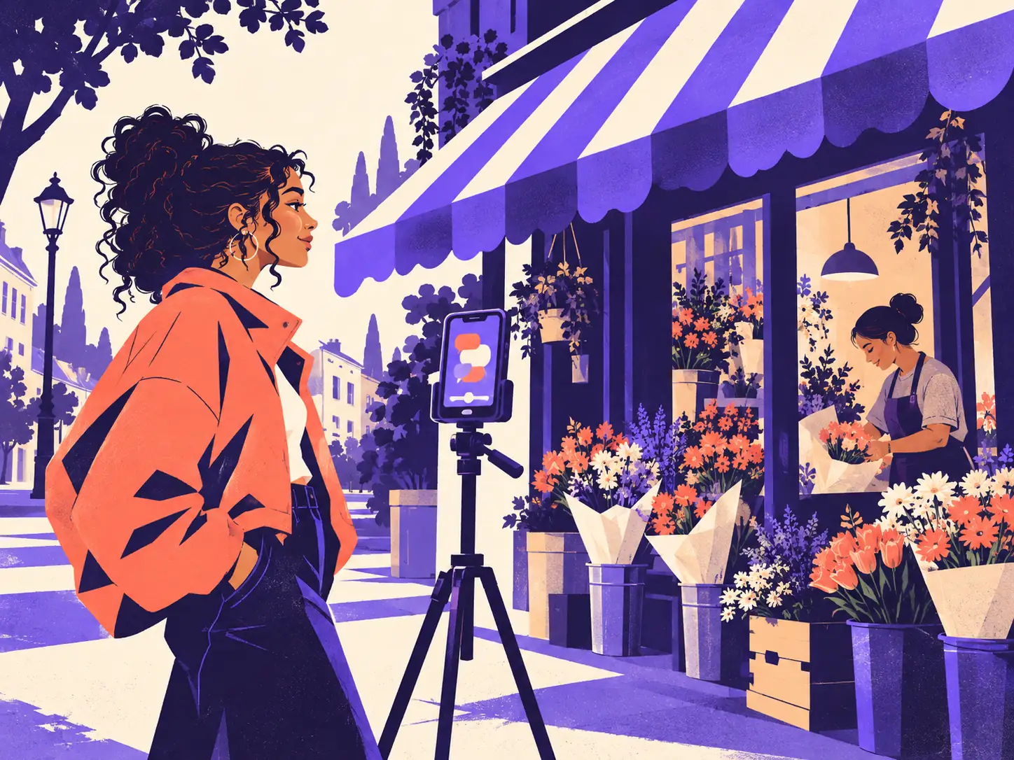 A creator films a flower shop with a phone on a tripod.