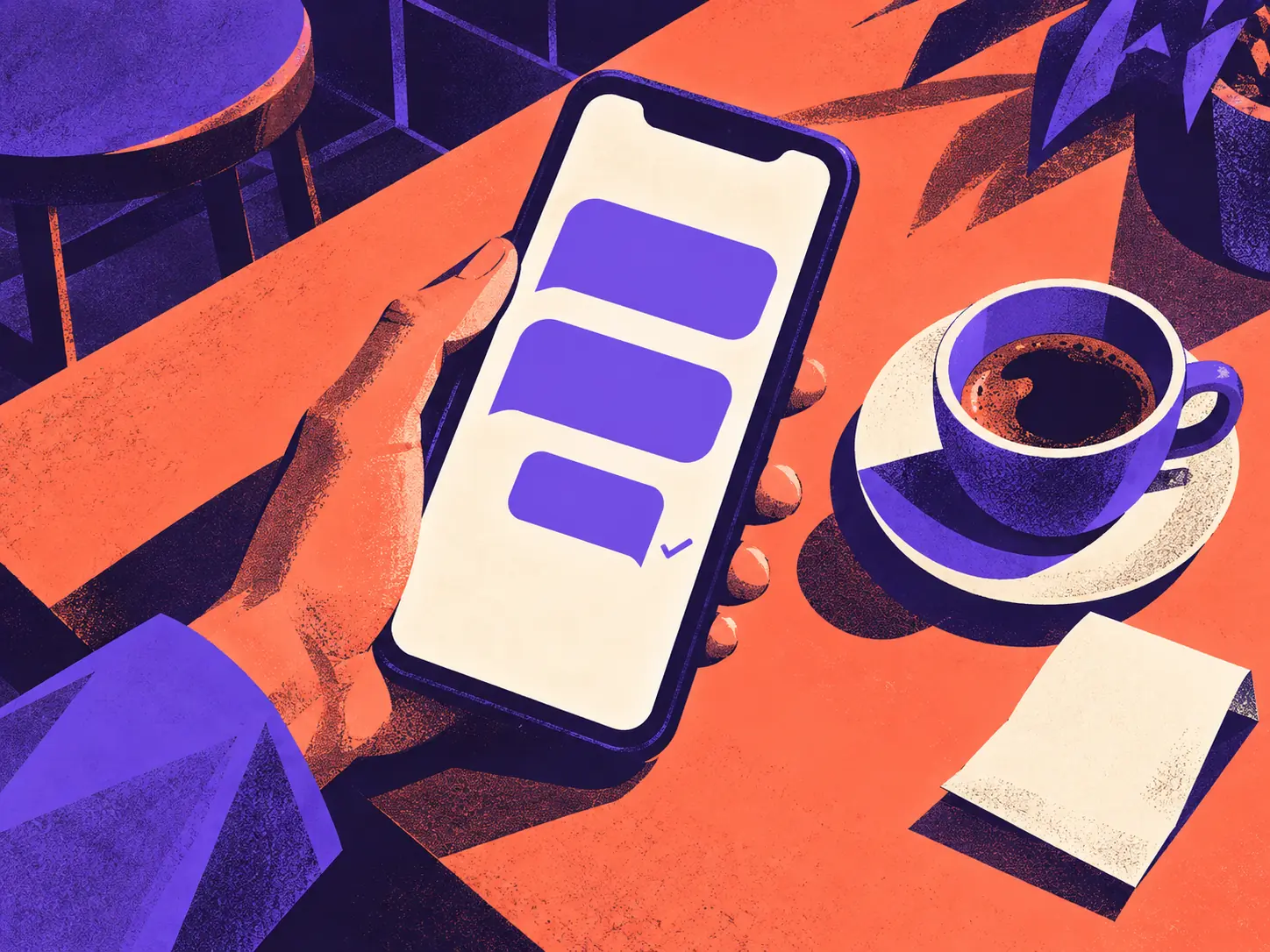 A hand holds a phone with an illustrated conversation beside a coffee.